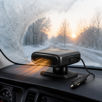 12V car heater defroster clearing a frosty windshield from a dashboard