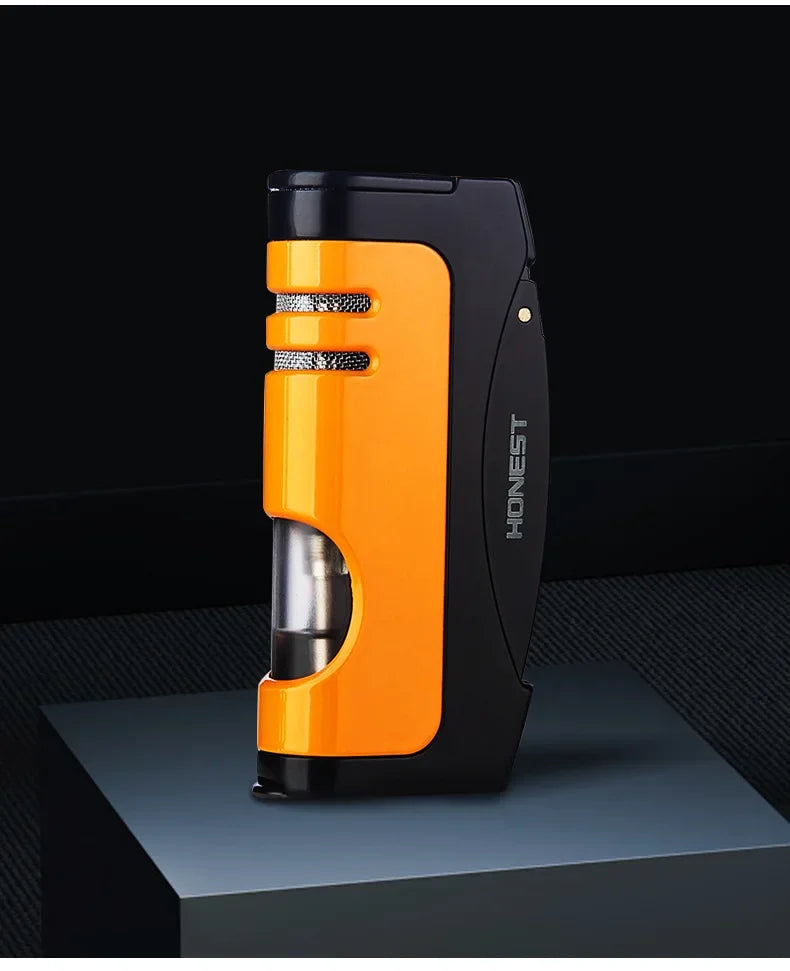 HONEST Windproof Jet Blue Flame Butane Gas Torch Lighter Visual Oil Bin With Cigar Cutter Portable Cigar Lighters Smoking Gadget