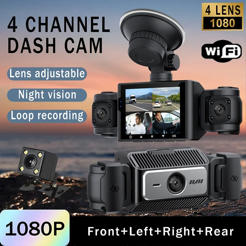 360° Car DashCam 3/4 Channels WIFI Video Recorder 1080P Car DVR  24H Parking Monitor Front With Rear View Night Vision Black Box