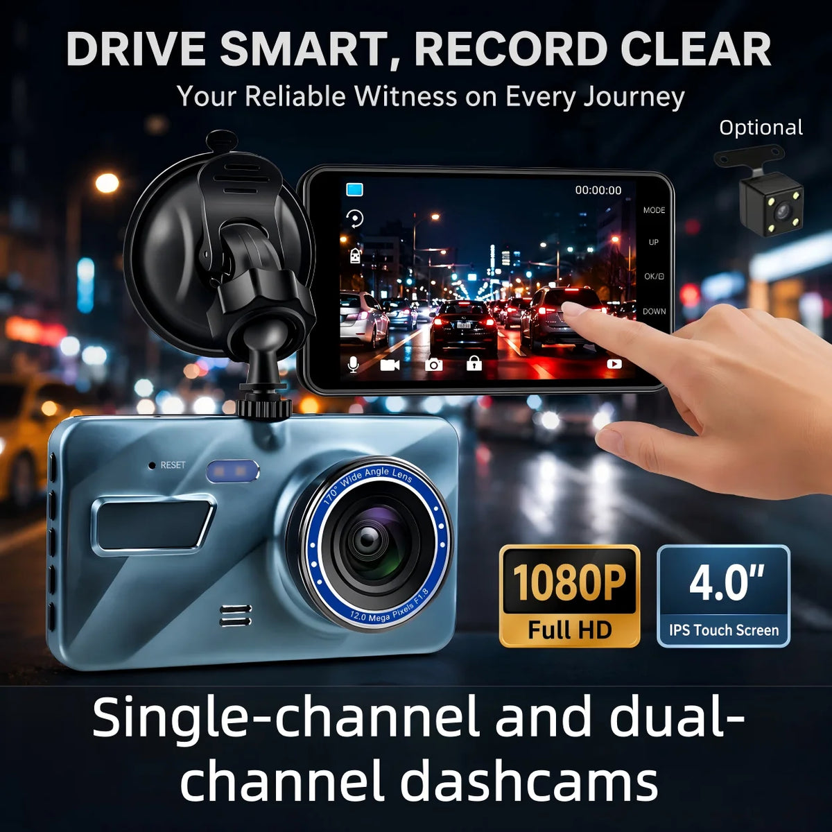 Single/Dual Lens Dash Cam, 170° Wide Angle Minimizes Blind Spots with Touchscreen Fast Playback