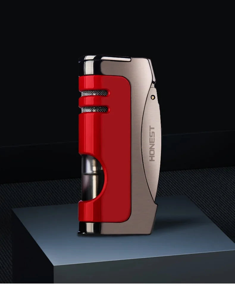 HONEST Windproof Jet Blue Flame Butane Gas Torch Lighter Visual Oil Bin With Cigar Cutter Portable Cigar Lighters Smoking Gadget