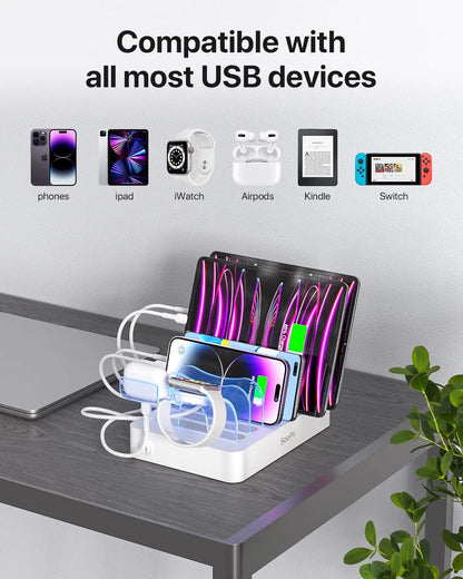SooPii 50W/10A 6-Port USB Charging Station for Home and Office 6 Cables Included for Phones Tablets and Other Electronics