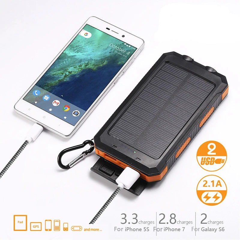 200000mAh Solar Power Bank Waterproof Portable Solar Panel Powerbank External Battery Charger Powerbank with LED Camping Light