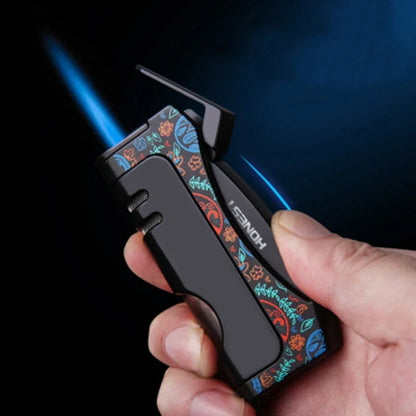 HONEST Windproof Jet Blue Flame Butane Gas Torch Lighter Visual Oil Bin With Cigar Cutter Portable Cigar Lighters Smoking Gadget