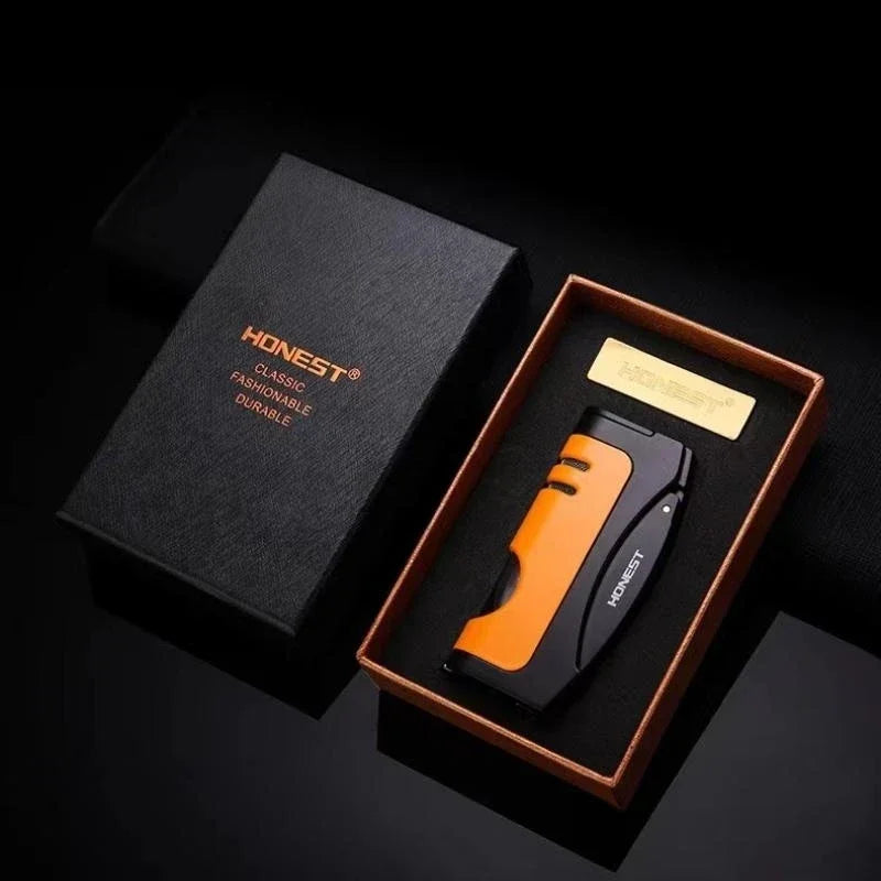 HONEST Windproof Jet Blue Flame Butane Gas Torch Lighter Visual Oil Bin With Cigar Cutter Portable Cigar Lighters Smoking Gadget