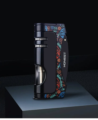 HONEST Windproof Jet Blue Flame Butane Gas Torch Lighter Visual Oil Bin With Cigar Cutter Portable Cigar Lighters Smoking Gadget