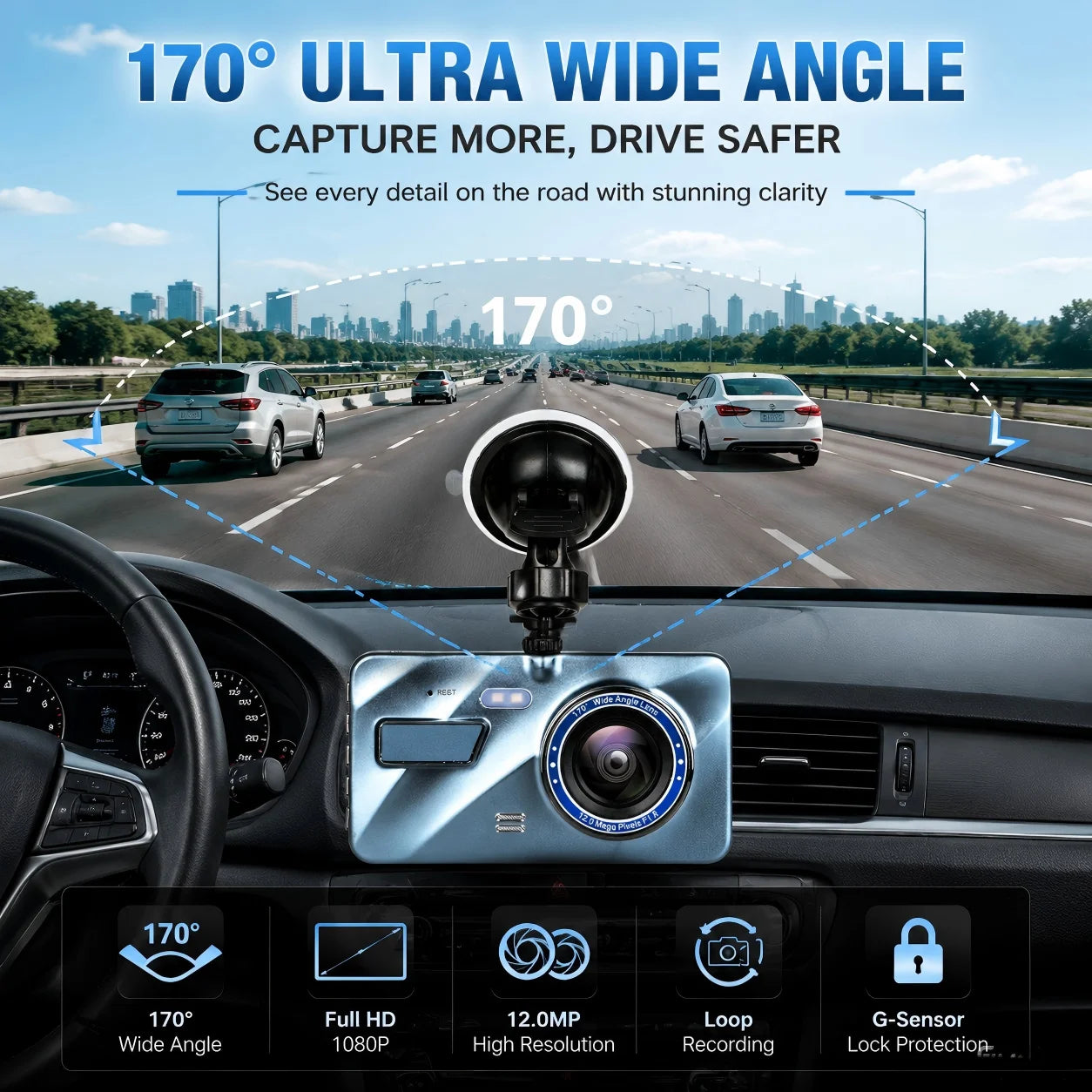 Single/Dual Lens Dash Cam, 170° Wide Angle Minimizes Blind Spots with Touchscreen Fast Playback