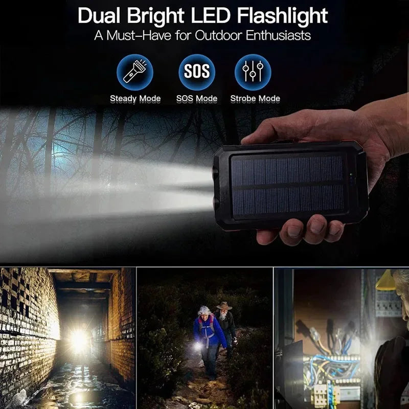 200000mAh Solar Power Bank Waterproof Portable Solar Panel Powerbank External Battery Charger Powerbank with LED Camping Light