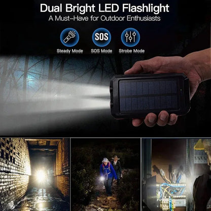 200000mAh Solar Power Bank Waterproof Portable Solar Panel Powerbank External Battery Charger Powerbank with LED Camping Light