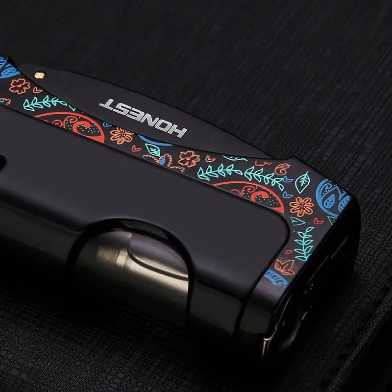 HONEST Windproof Jet Blue Flame Butane Gas Torch Lighter Visual Oil Bin With Cigar Cutter Portable Cigar Lighters Smoking Gadget