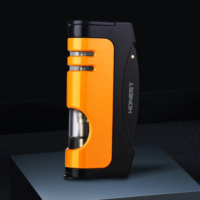 HONEST Windproof Jet Blue Flame Butane Gas Torch Lighter Visual Oil Bin With Cigar Cutter Portable Cigar Lighters Smoking Gadget