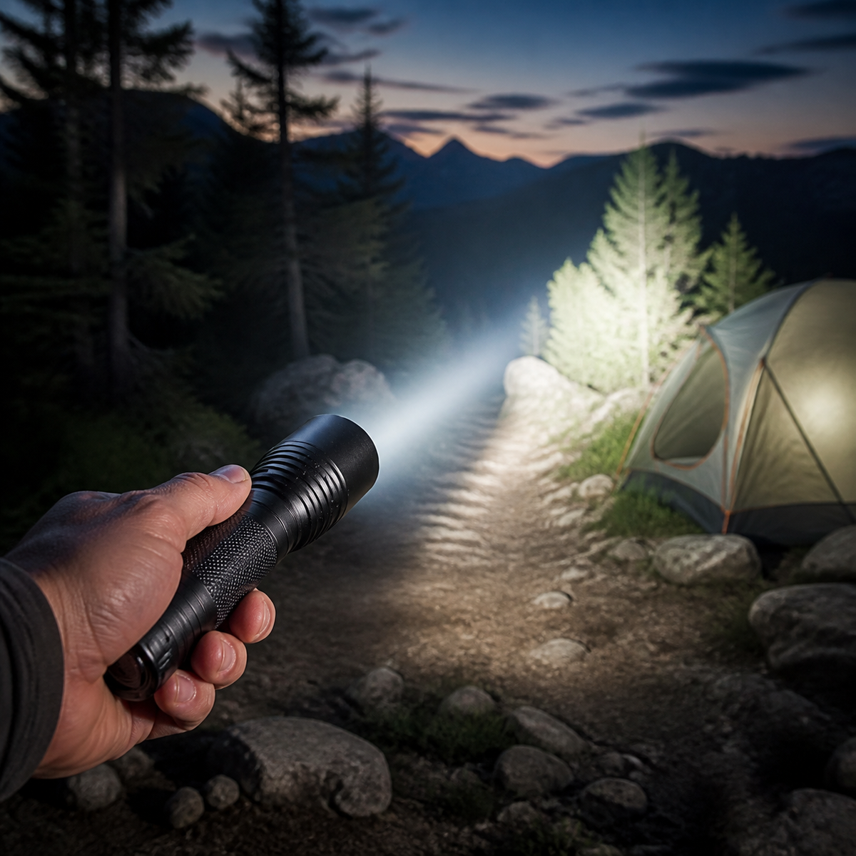 USB rechargeable LED tactical flashlight lighting a campsite trail at dusk