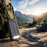 Waterproof solar power bank charging a phone at a campsite with LED light on