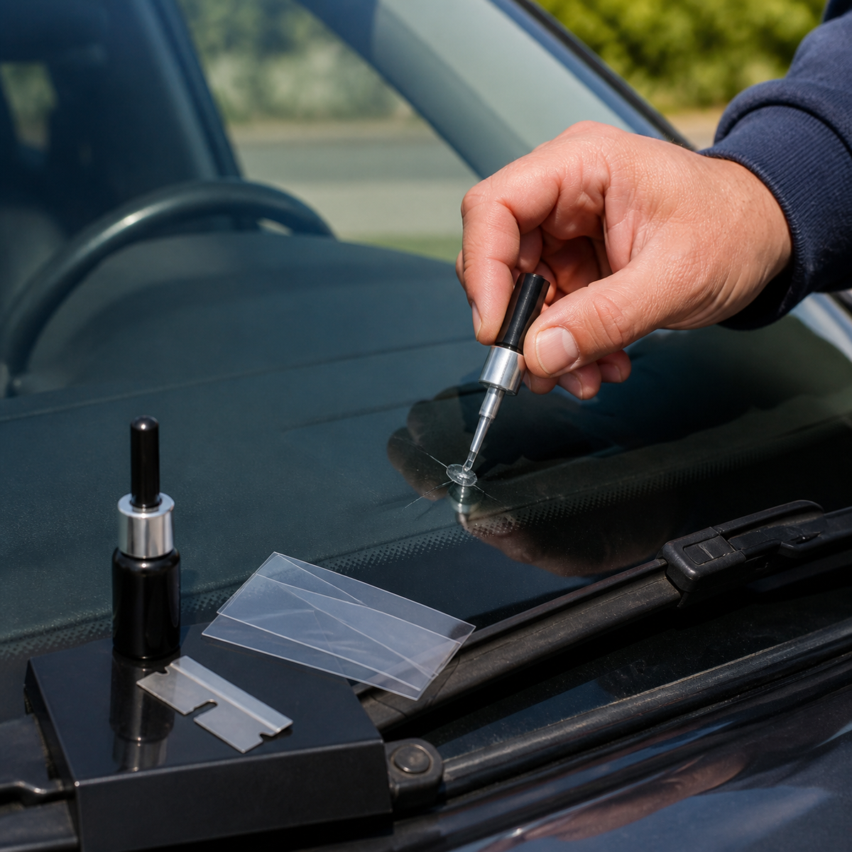 Windshield crack repair kit being used to apply resin to a car glass chip